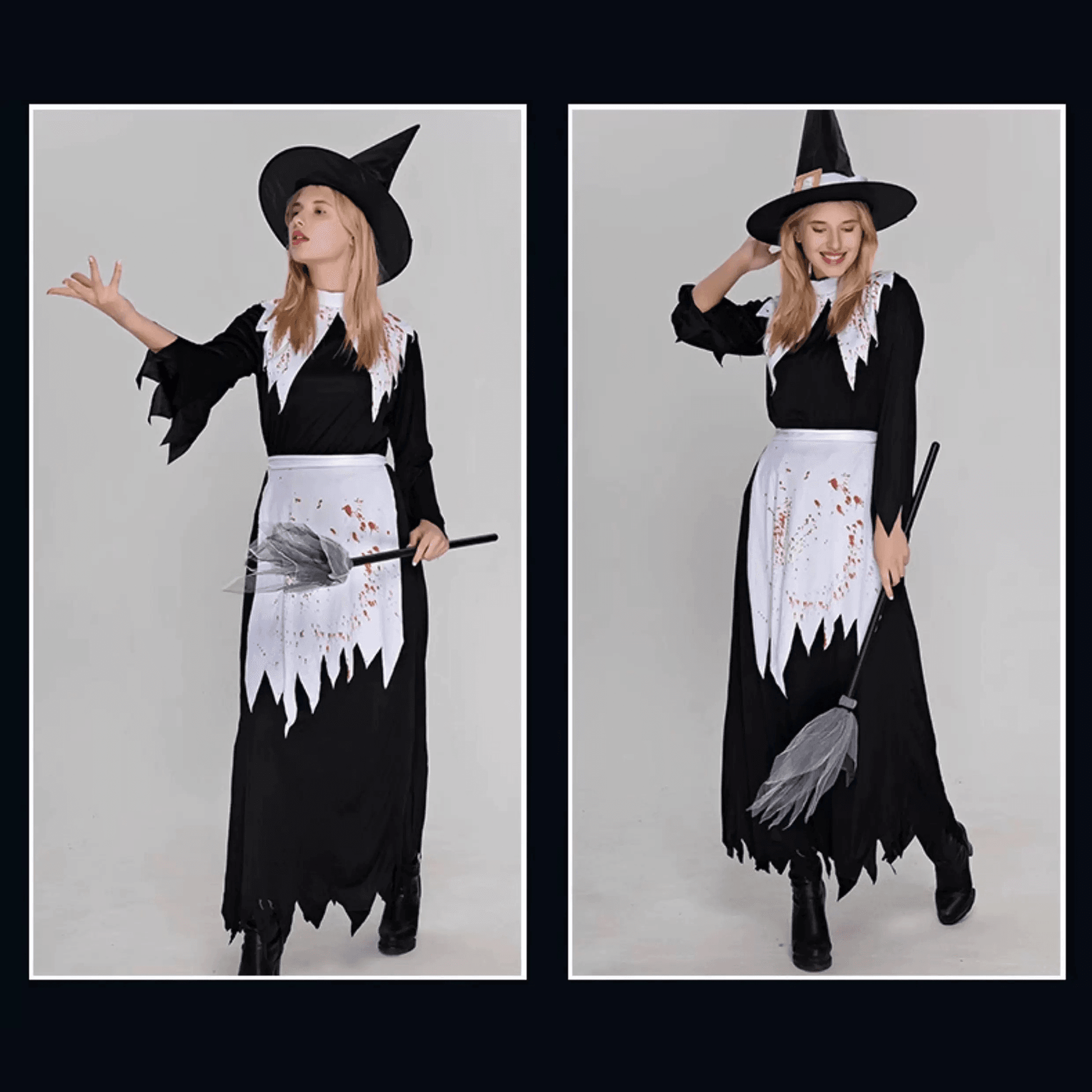 Bloody Witch Halloween Costume – Spooky Witch Dress with Hat & Broom - party X party