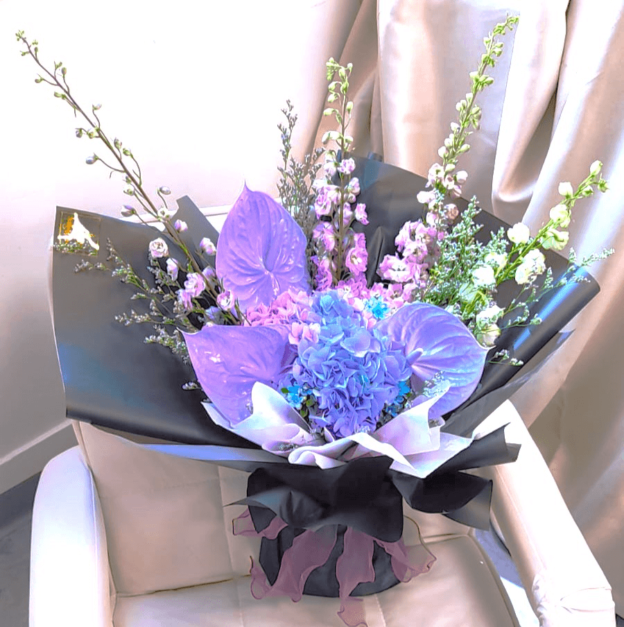 Purple bouquet Purple Anthurium, Purple Larkspur Bouquet Valentine's Day Confession Proposal – F-370 - party X party