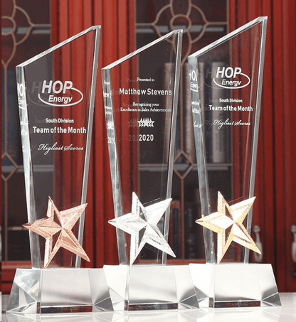 Crystal Trophy Creative Trophy Five-pointed Star Trophy Customizable Background Color Metal Five-pointed Star Three Colors Available – TR-580 - party X party