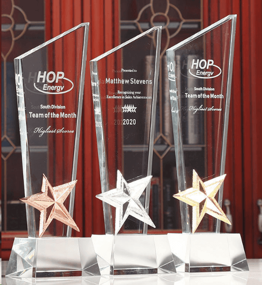 Crystal Trophy Creative Trophy Five-pointed Star Trophy Customizable Background Color Metal Five-pointed Star Three Colors Available – TR-580 - party X party