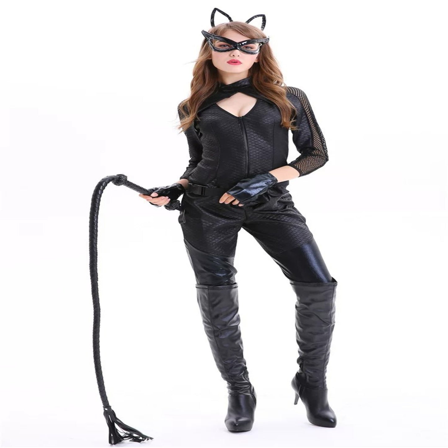 Catwoman Batman Returns Cosplay Costume High-Stretch Patent Leather Style Bodysuit with Whip Sexy Villain Halloween Movie Performance Outfit for Women – DC403 party X party