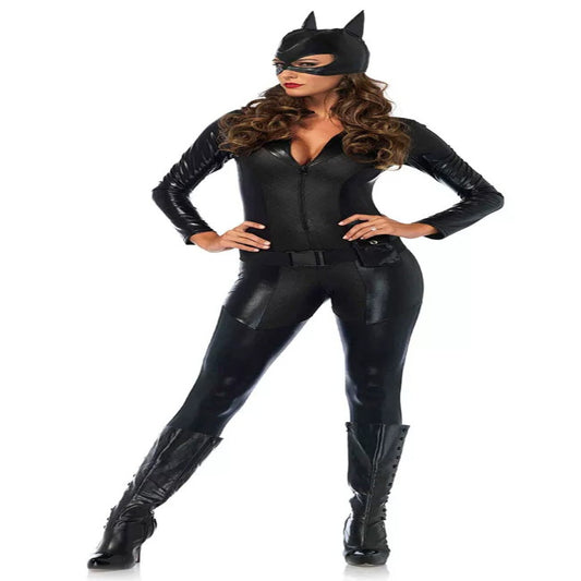 Catwoman High-Stretch Patent Leather Cosplay Costume Tight Hero Catsuit Outfit with Jumpsuit, Mask & Whip – DC402 party X party