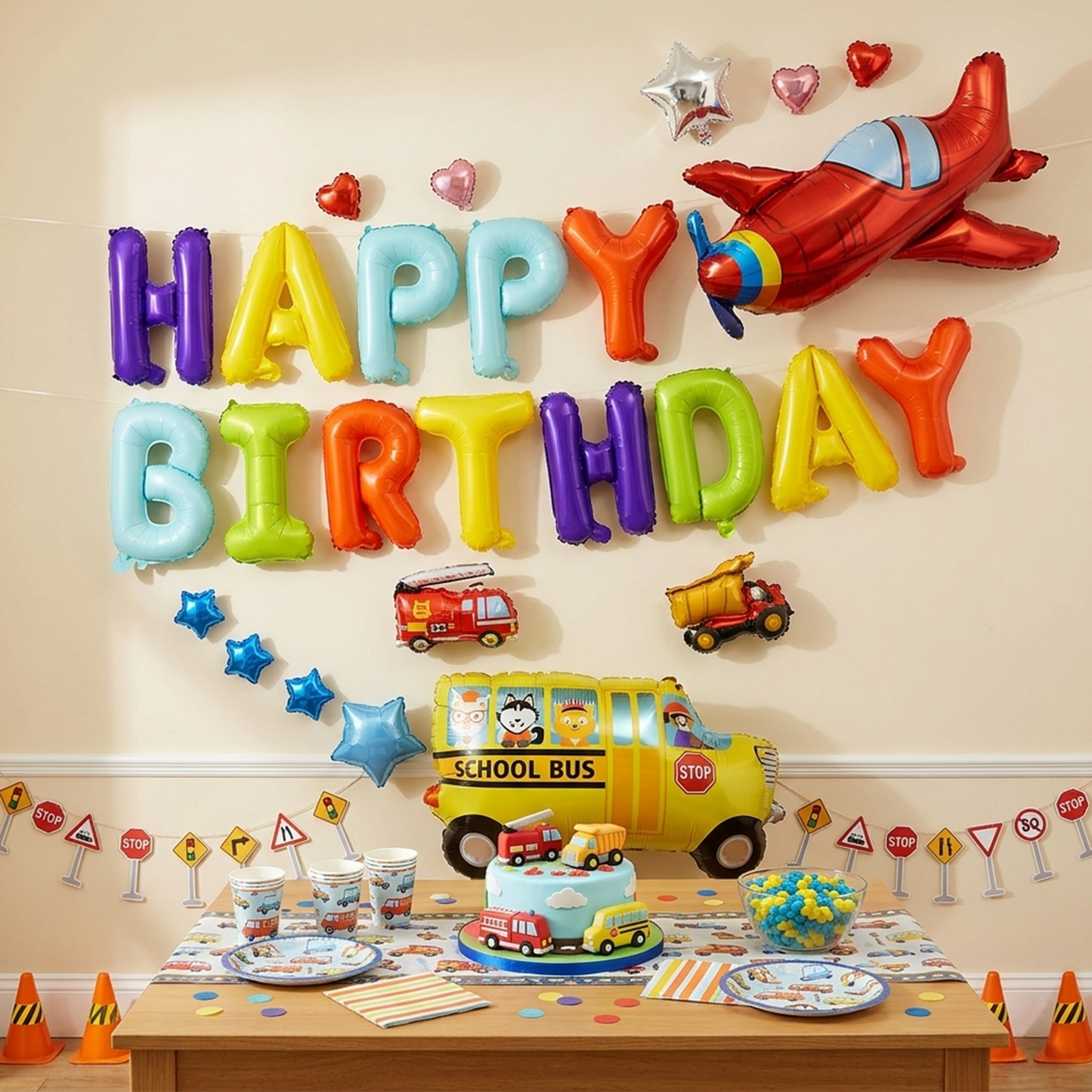 Birthday Balloon Decoration Set - Airplane School Bus Fire Truck Engineering Vehicles S044 party X party