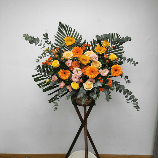 Opening Blessing Flower Basket with Orange Blooms & Tripod Stand | Grand Opening Floral Arrangement – F-440 - party X party
