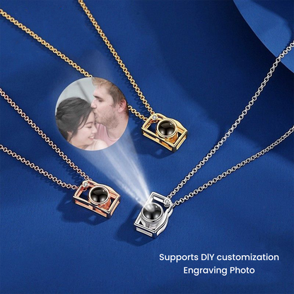 Trendy Camera Projection Necklace — trendy fashion style, “I Love You” in 100 languages, customizable photo projection pendant for couples.