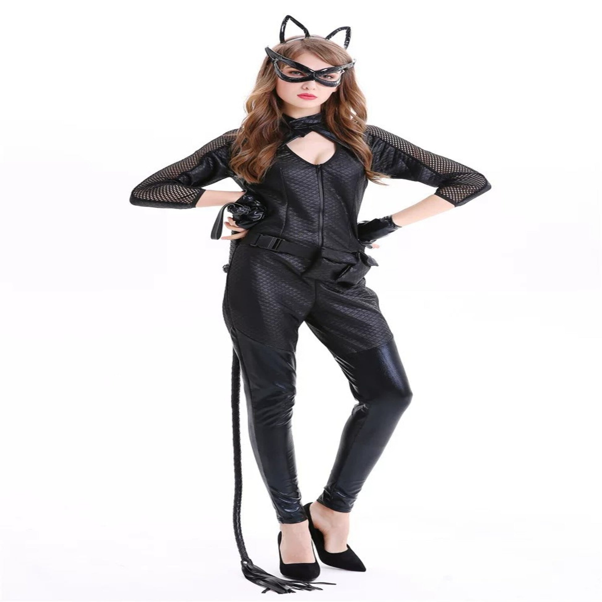 Catwoman Batman Returns Cosplay Costume High-Stretch Patent Leather Style Bodysuit with Whip Sexy Villain Halloween Movie Performance Outfit for Women – DC403 party X party