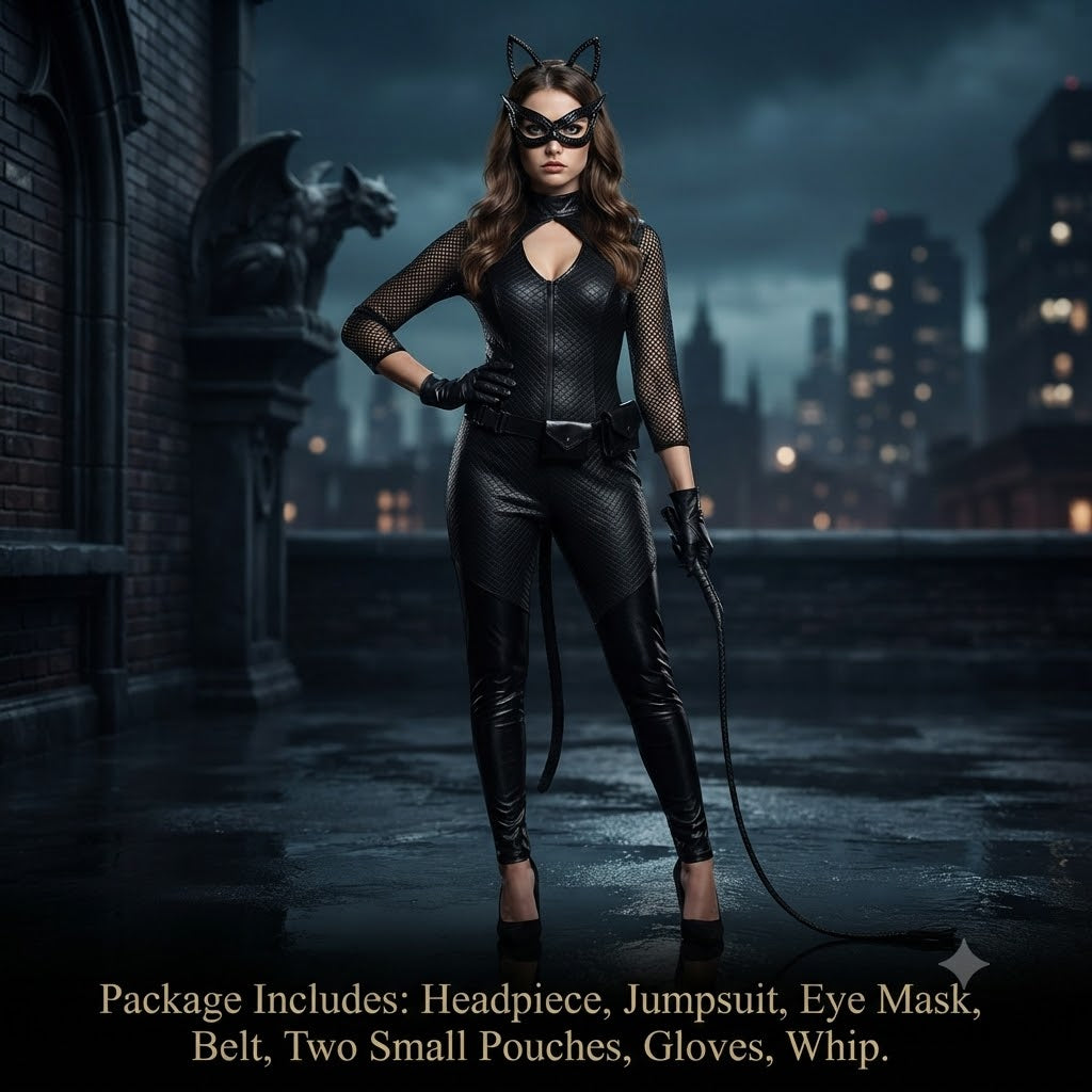Catwoman Batman Returns Cosplay Costume High-Stretch Patent Leather Style Bodysuit with Whip Sexy Villain Halloween Movie Performance Outfit for Women – DC403 party X party