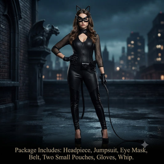 Catwoman Batman Returns Cosplay Costume High-Stretch Patent Leather Style Bodysuit with Whip Sexy Villain Halloween Movie Performance Outfit for Women – DC403 party X party