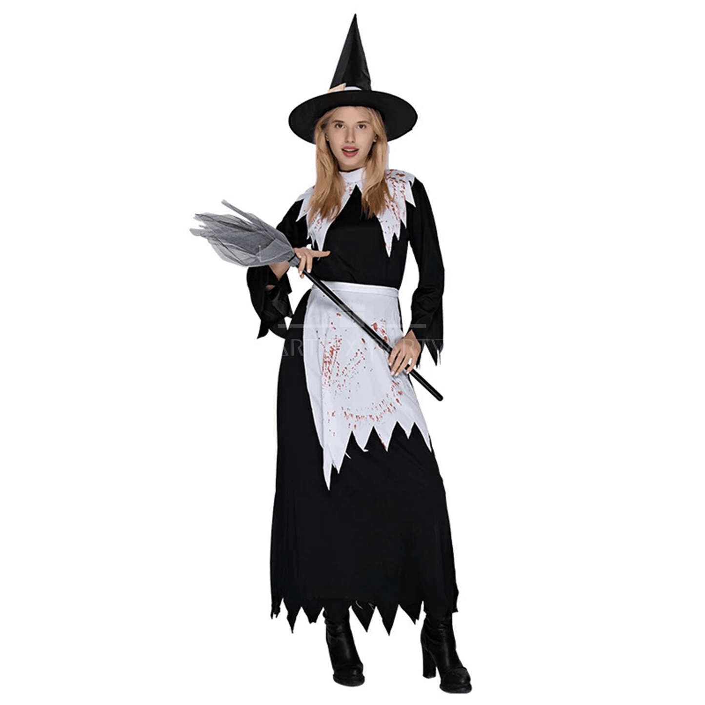 Bloody Witch Halloween Costume – Spooky Witch Dress with Hat & Broom - party X party