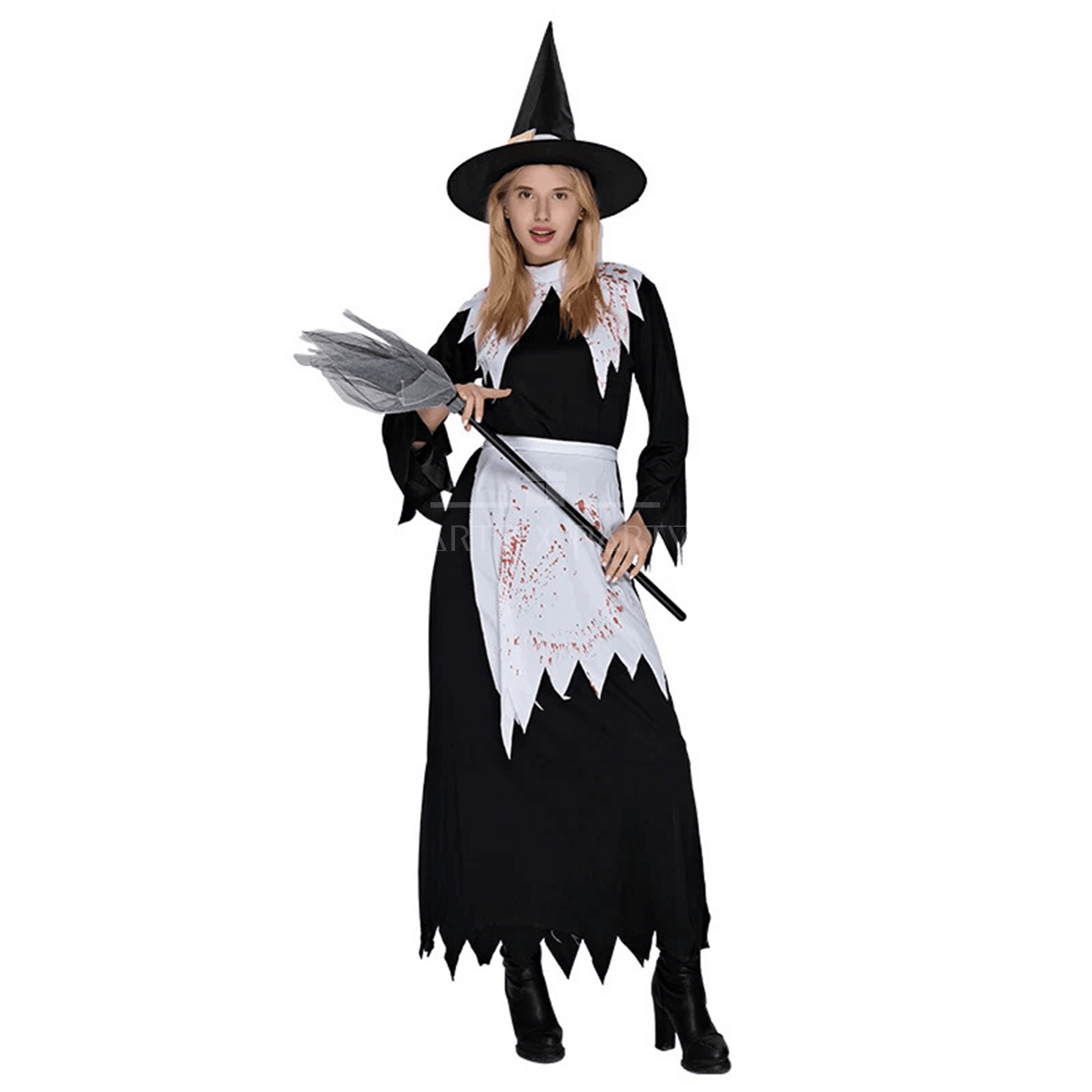 Bloody Witch Halloween Costume – Spooky Witch Dress with Hat & Broom - party X party