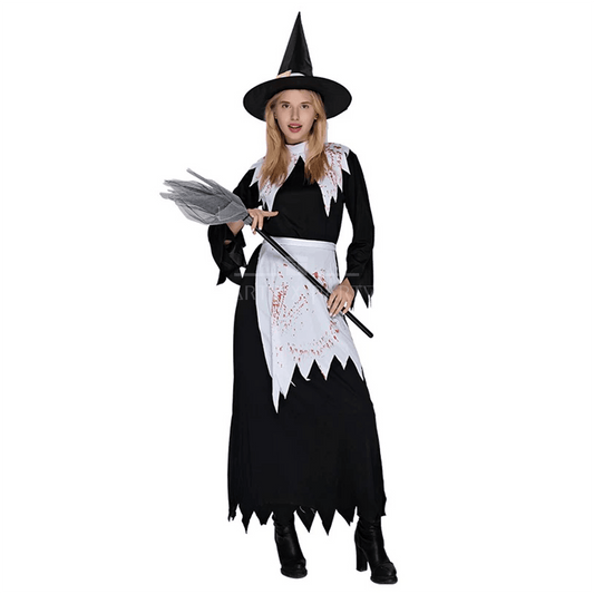 Bloody Witch Halloween Costume – Spooky Witch Dress with Hat & Broom - party X party