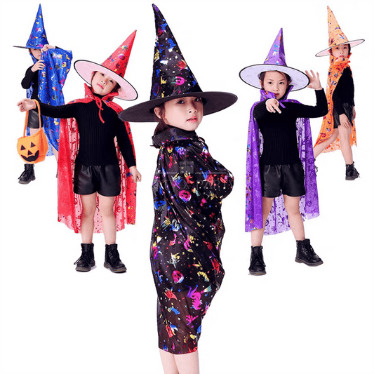 Kids Halloween Colorful Witch Costume Set – Magical Witch Hat & Cape for Halloween & Dress-Up - party X party