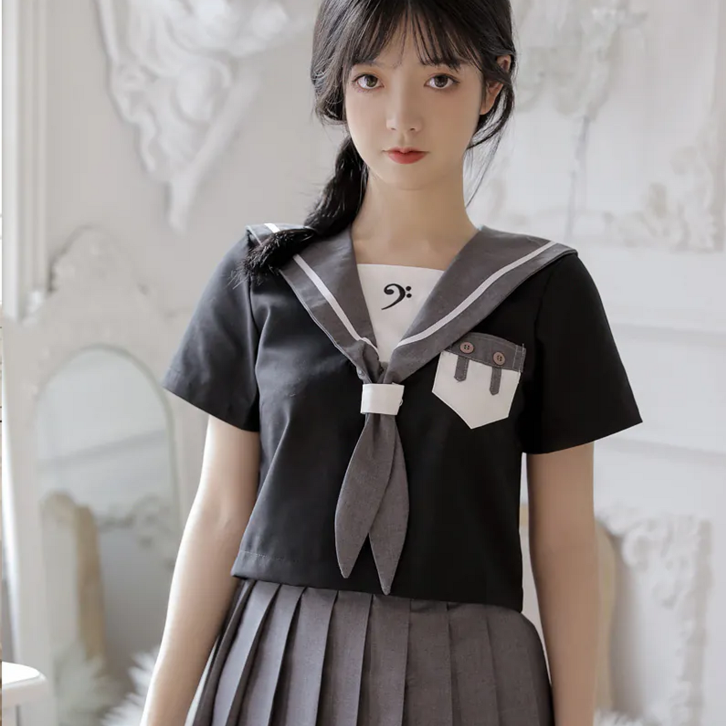 Standard Japanese JK Sailor Suit | 1-Line Minimalist Academy Uniform Set | Short-Sleeve White Summer Student Outfit C024 party X party