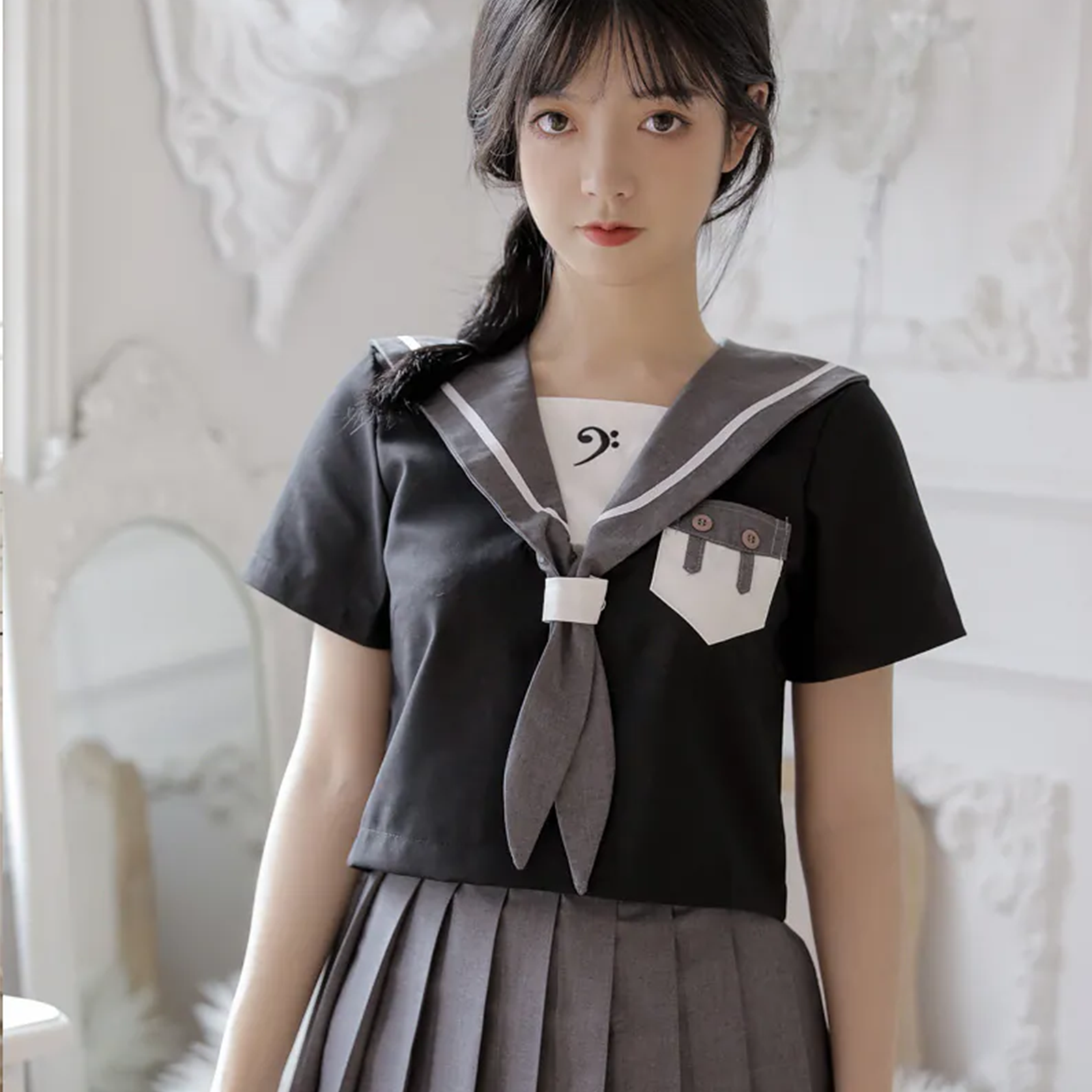 Standard Japanese JK Sailor Suit | 1-Line Minimalist Academy Uniform Set | Short-Sleeve White Summer Student Outfit C024 party X party