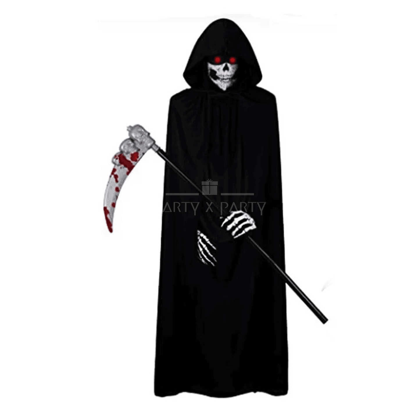 Grim Reaper Halloween Costume Set – With Scythe, Mask, Gloves & Cloak - party X party