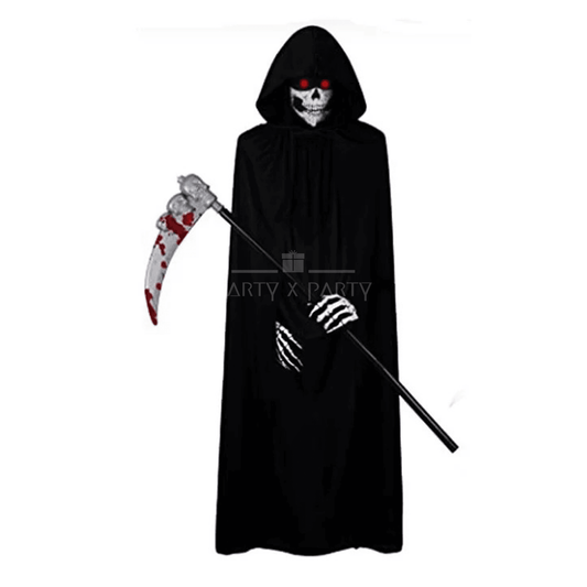 Grim Reaper Halloween Costume Set – With Scythe, Mask, Gloves & Cloak - party X party