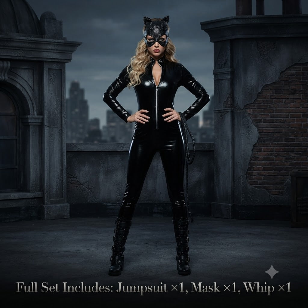 Catwoman High-Stretch Patent Leather Cosplay Costume Full Set with Jumpsuit, Mask & Whip Sexy Masked Hero Catsuit Outfit – DC401 party X party