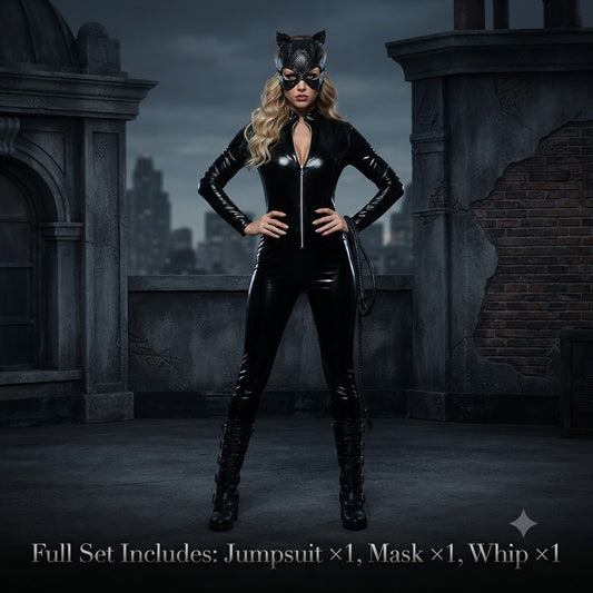 Catwoman High-Stretch Patent Leather Cosplay Costume Full Set with Jumpsuit, Mask & Whip Sexy Masked Hero Catsuit Outfit – DC401 party X party
