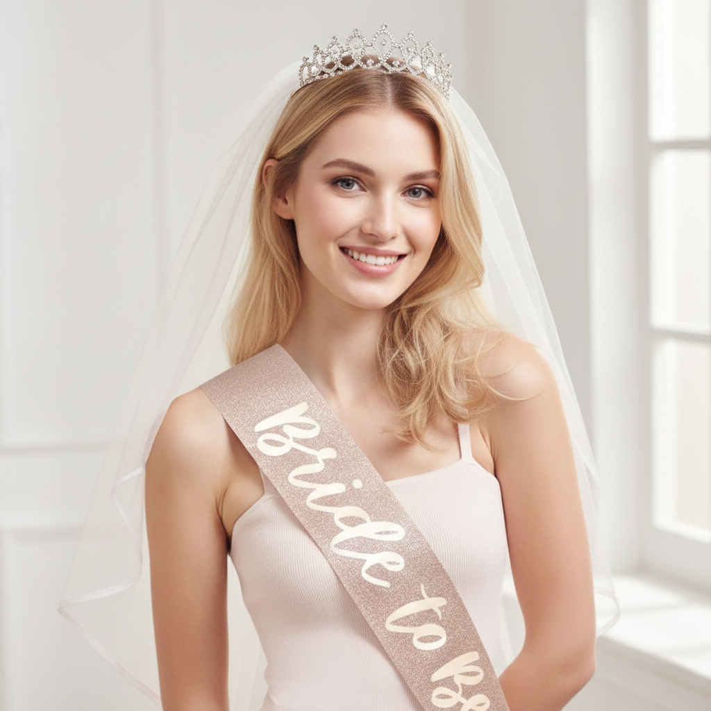 BRIDE TO BE Rose Gold Set – Crown, Shoulder Sash & Veil – A020