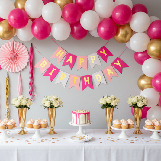 Happy Birthday Pink Banner Color block Fishtail Flag M size – B039-PU