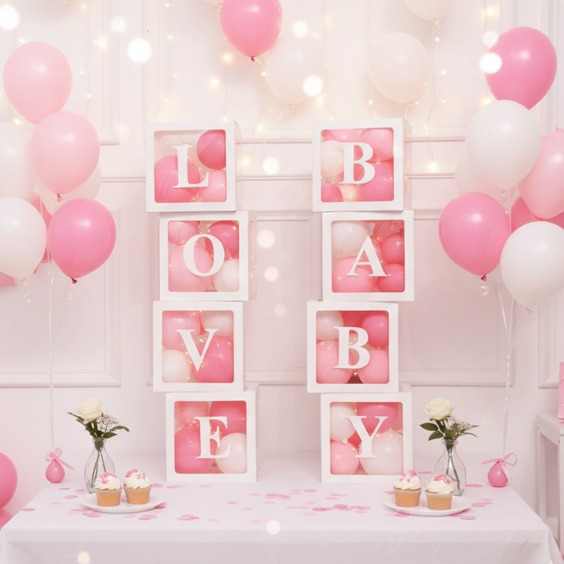 Transparent Balloon Box Set – White – BABY/LOVE Letter Options – Two Styles party X party