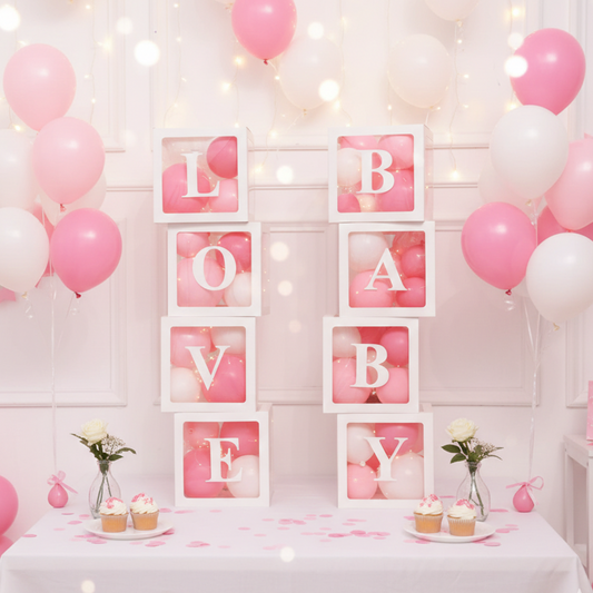 Transparent Balloon Box Set – White – BABY/LOVE Letter Options – Two Styles party X party