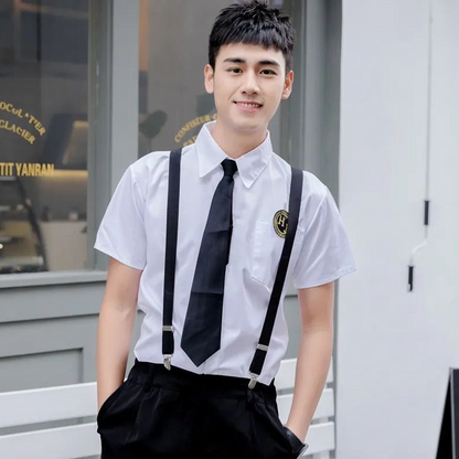 British Academy Style Uniform Set: Suspender Dress & Short-Sleeve Shirt for Middle & High School Graduation (C007) party X party