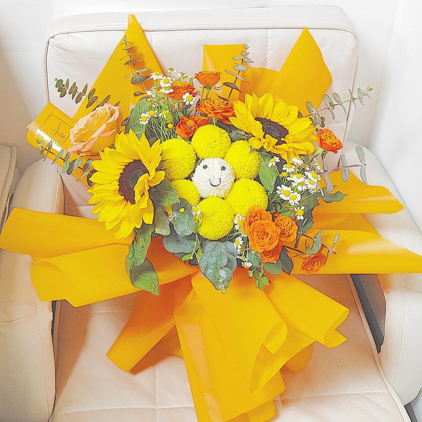 Sunflower Ping Pong Chrysanthemum Doll (Smiling Flower) Orange Rose Eucalyptus Chamomile Bouquet -- – F-530