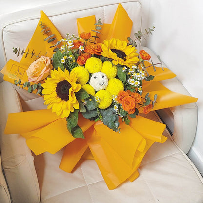 Sunflower Ping Pong Chrysanthemum Doll (Smiling Flower) Orange Rose Eucalyptus Chamomile Bouquet -- – F-530