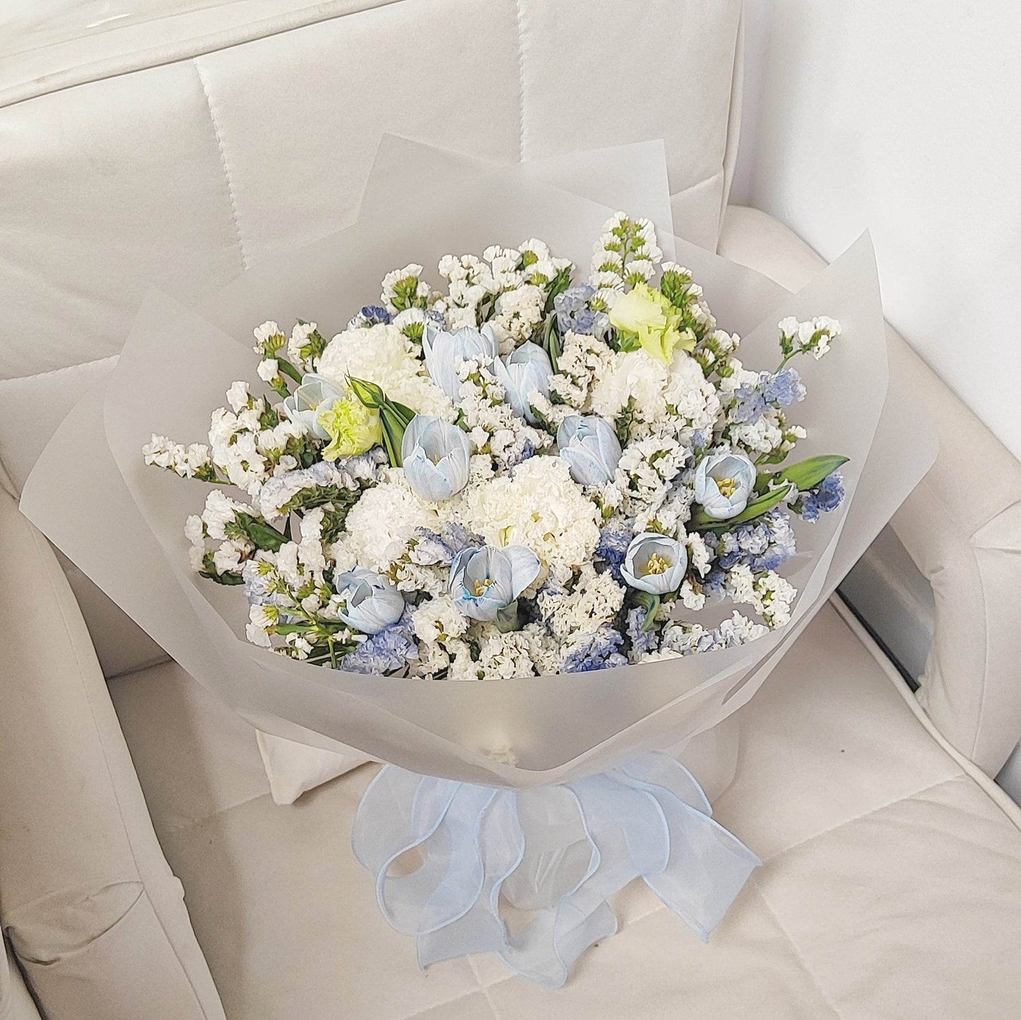 Light blue tulip forget-me-not wavy white platycodon bouquet – --F-532 - party X party