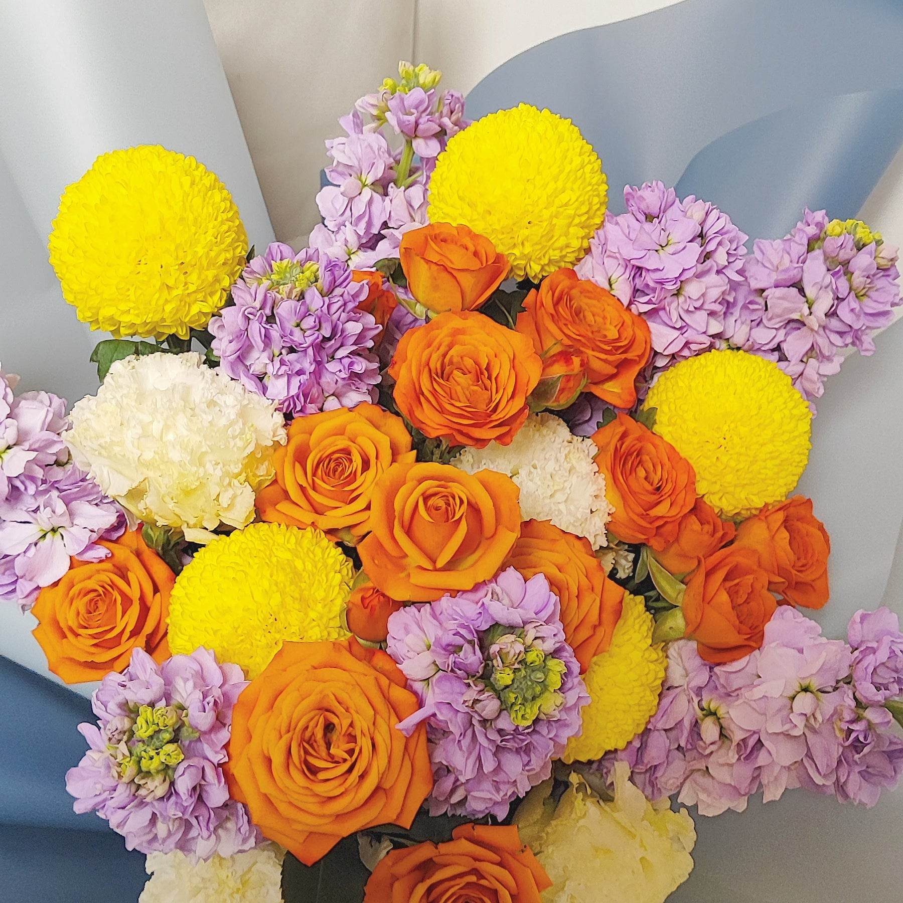 Yellow Ping Pong Chrysanthemum, Orange Rose & Violet Mixed Bouquet – F-540 - party X party