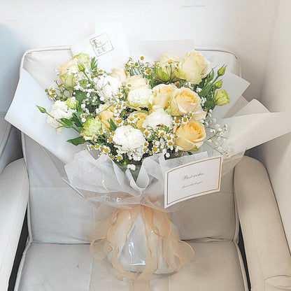 Champange Roses + Wave White Eustoma + Chamomile Bouquet--F-543 - party X party