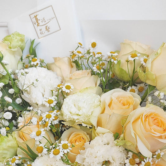 Champange Roses + Wave White Eustoma + Chamomile Bouquet--F-543 - party X party