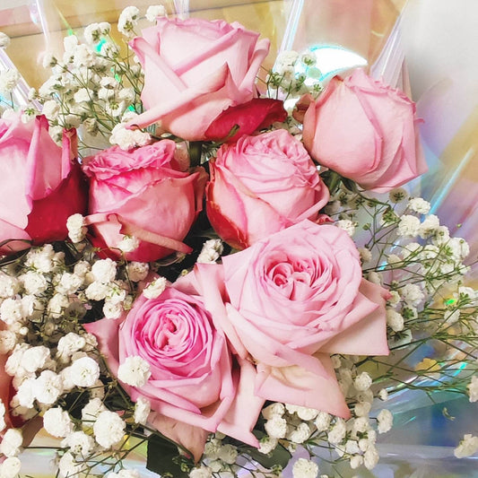 11 Pink Roses & Baby’s Breath Bouquet – Romantic Elegant Gift – F-547 - party X party