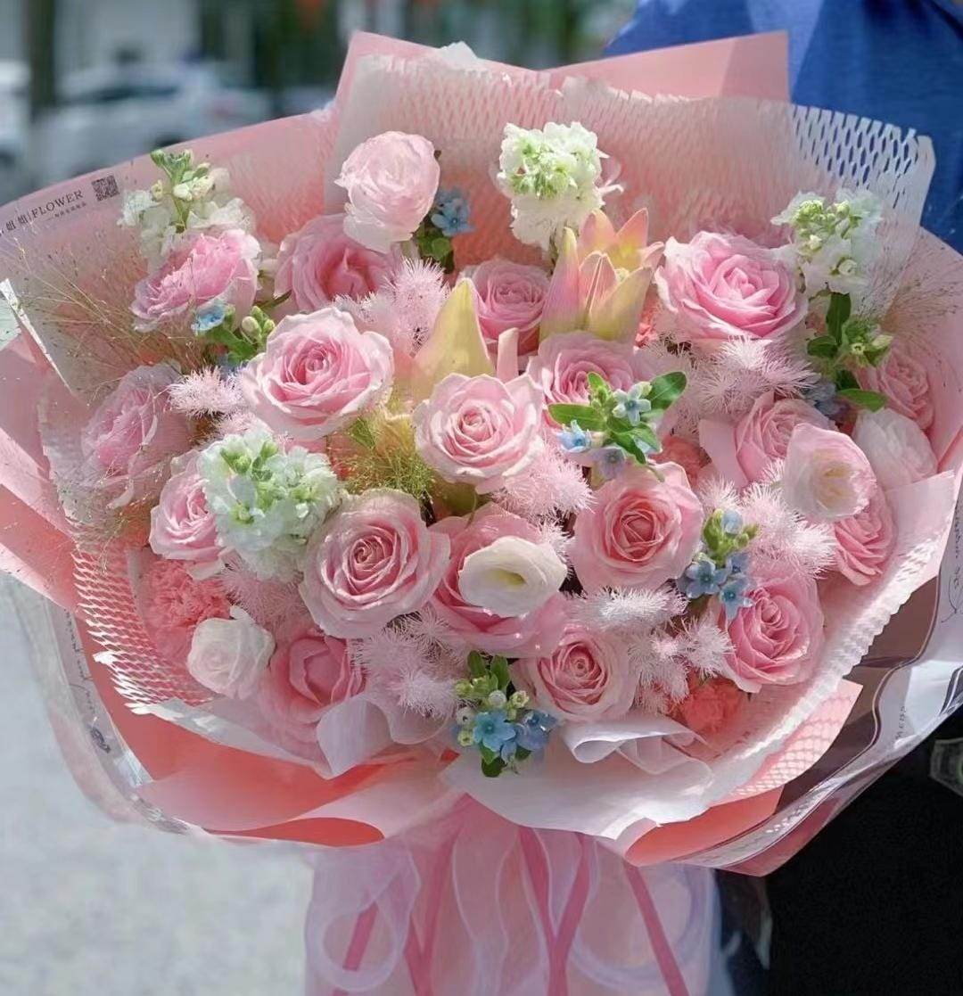 Pink Rose Bouquet Blue Star Flower Violet Flowers Anniversary Birthday Confession Valentine's Day Proposal – F-600