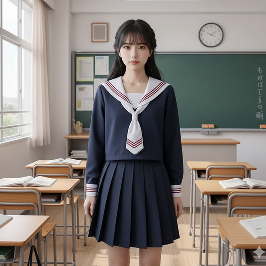 Authentic White-Collar Sailor Suit | Red Three-Line JK Uniform Set - Premium School-Supplied Style Japanese Academy Basics (C031) party X party