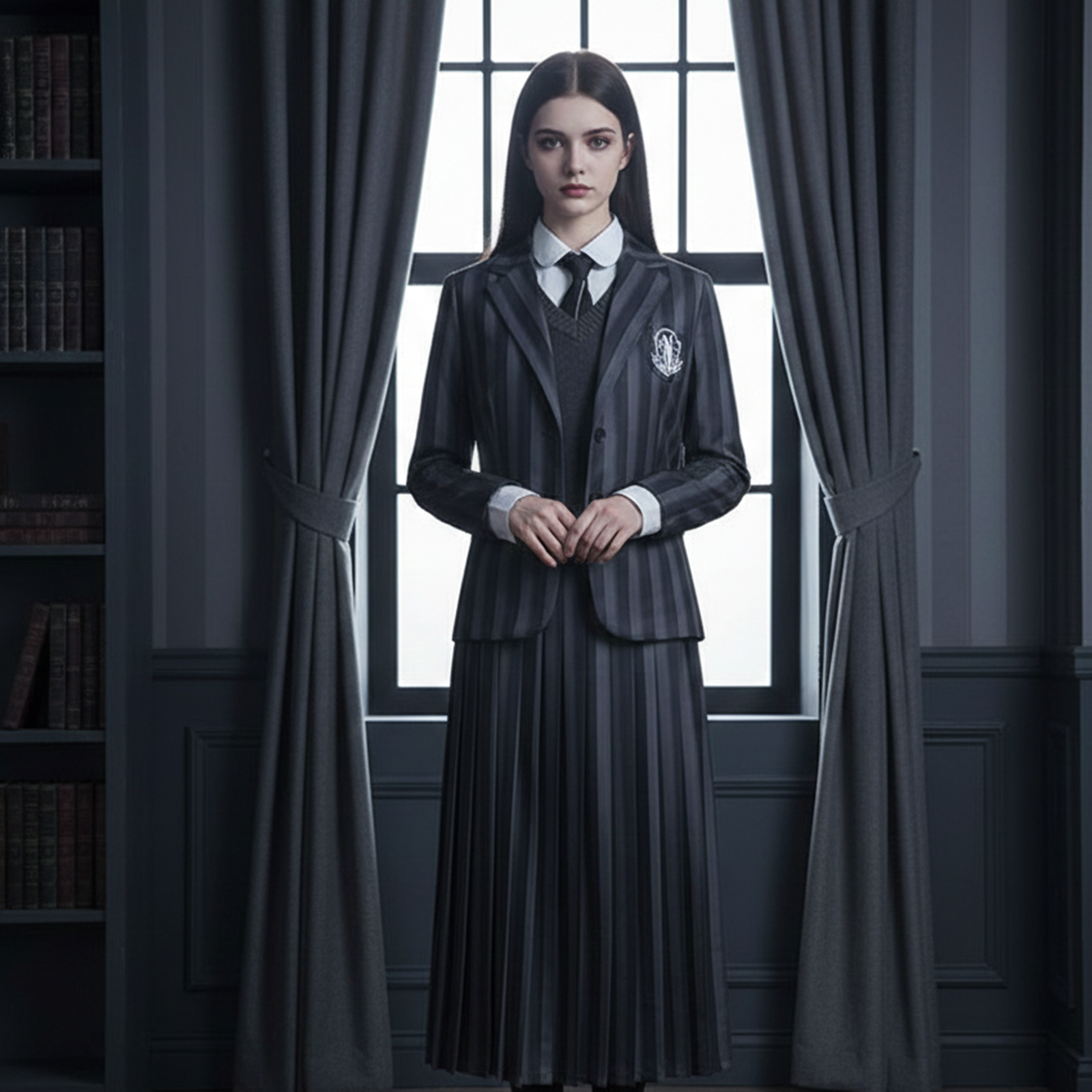 Wednesday Cosplay Costume: Addams Family School Uniform | Nevermore Academy Striped Suit Set for Women - C013 party X party