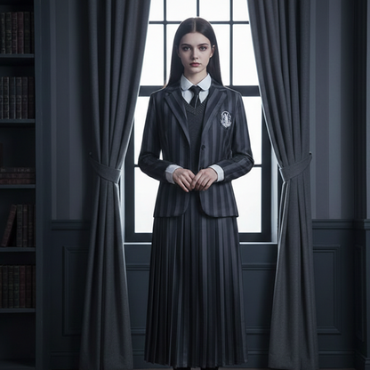 Wednesday Cosplay Costume: Addams Family School Uniform | Nevermore Academy Striped Suit Set for Women - C013 party X party