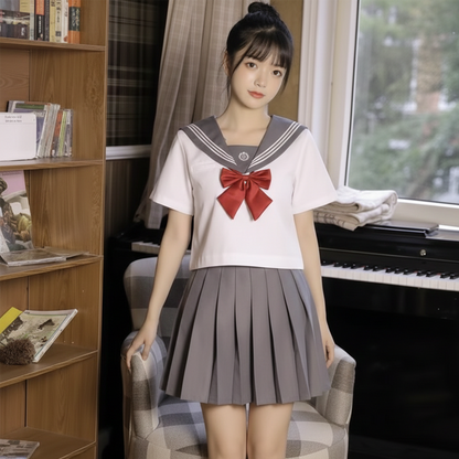 Authentic Japanese Sailor Suit: Gray Three-Line Collar JK Uniform Set - Basic Summer Short-Sleeve Academy Style (C019) party X party
