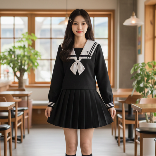 Authentic Japanese JK Uniform | Long-Sleeve Sailor Top & Long Pleated Skirt | Original "Bad-Girl" Academy Style Women’s Set C060 party X party