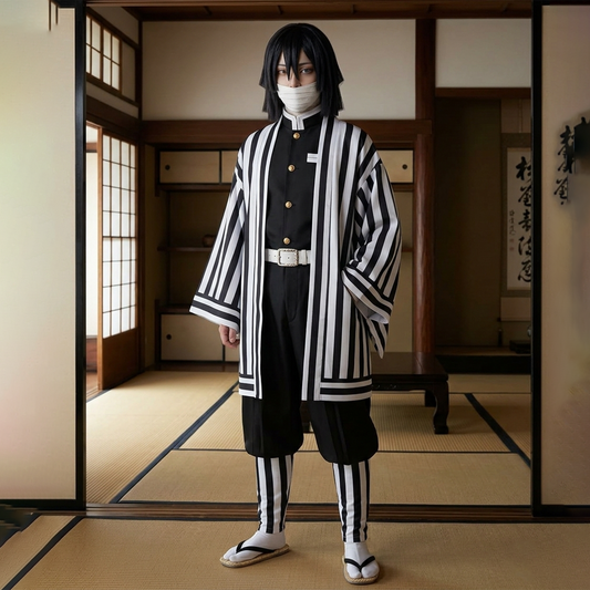 Demon Slayer Obanai Iguro Black and White Striped Cosplay Set – Anime Costume G011 party X party