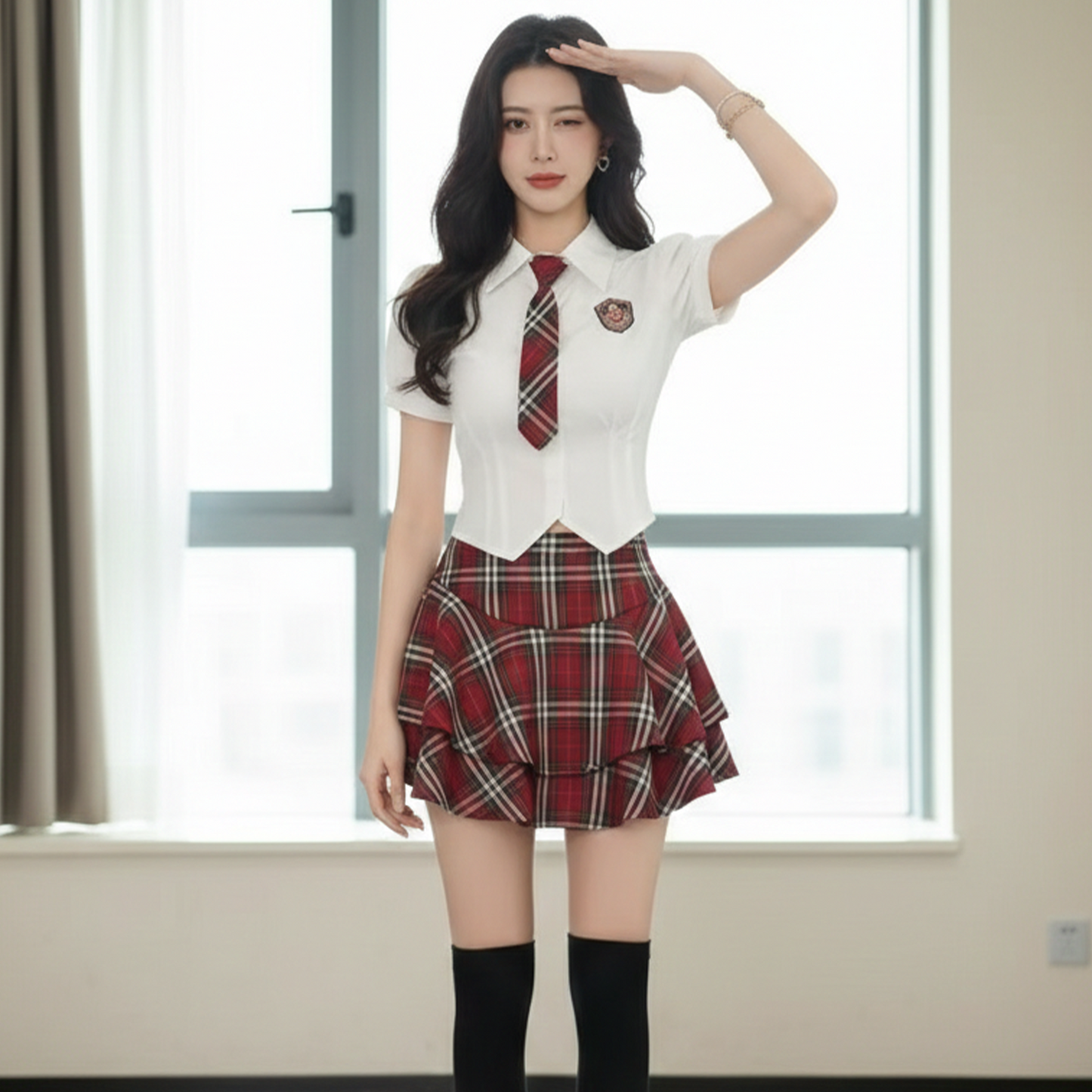 "Spicy Girl" Fitted JK Uniform Set | Plaid Academy Style Embroidered Shirt & Skirt - Pure Desire Aesthetic Outfit C018 party X party