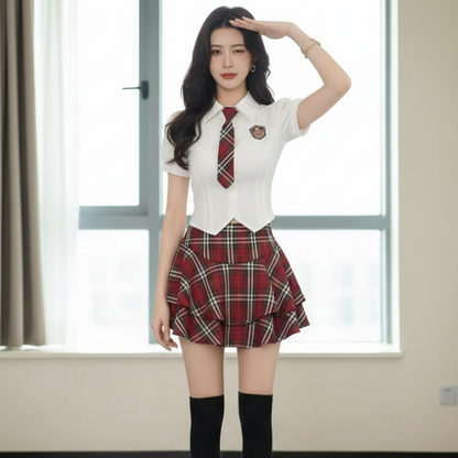 "Spicy Girl" Fitted JK Uniform Set | Plaid Academy Style Embroidered Shirt & Skirt - Pure Desire Aesthetic Outfit C018 party X party
