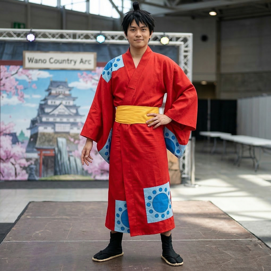 One Piece Wano Country – Monkey D. Luffy Long Robe Cosplay Costume – Halloween Kids & Adult Role-Play Outfit 0022
