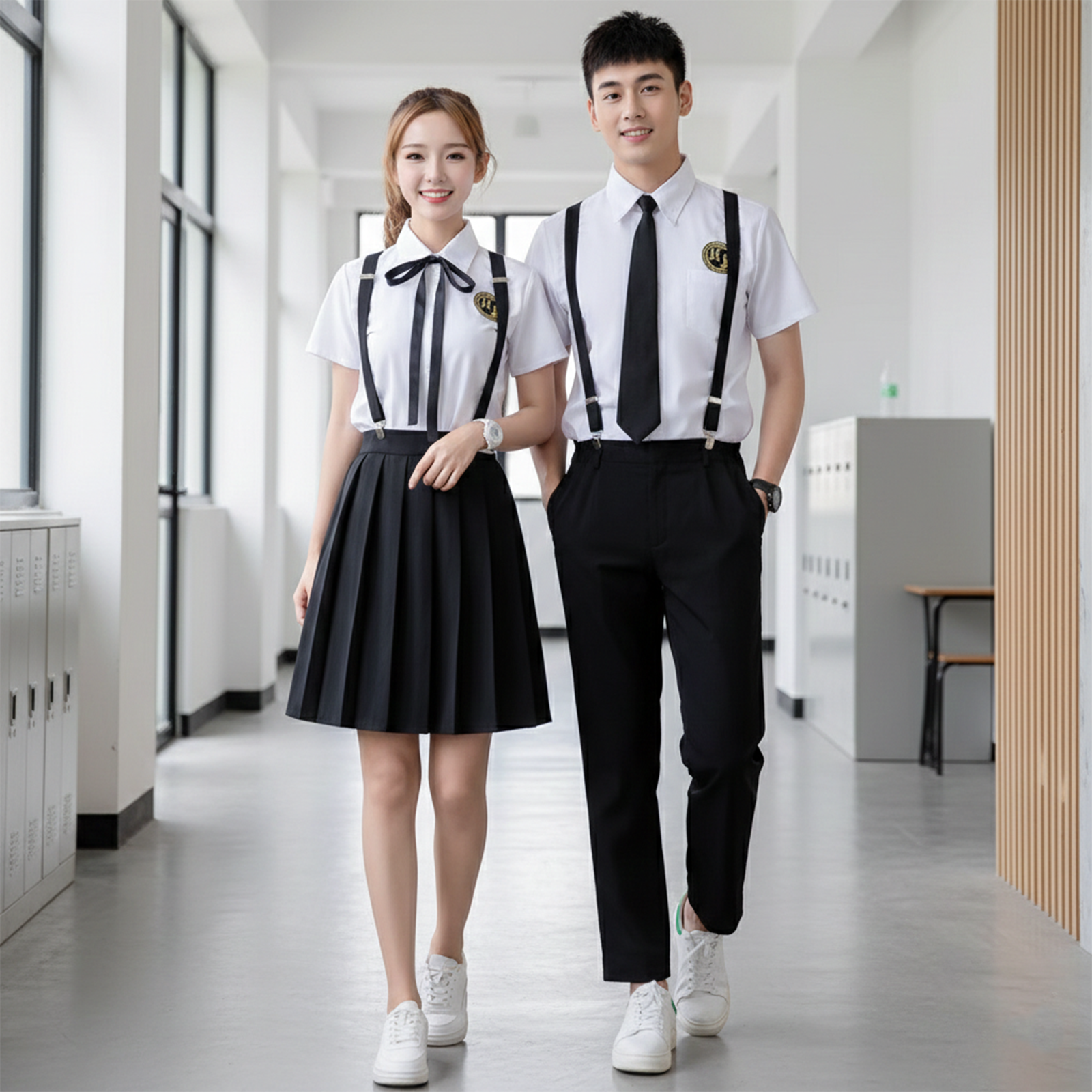 British Academy Style Uniform Set: Suspender Dress & Short-Sleeve Shirt for Middle & High School Graduation (C007) party X party