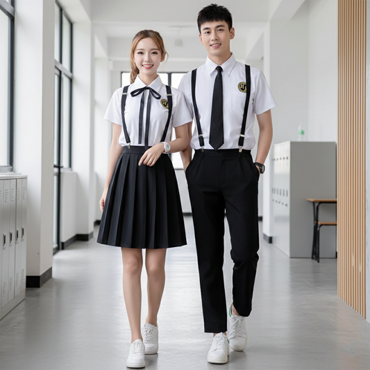 British Academy Style Uniform Set: Suspender Dress & Short-Sleeve Shirt for Middle & High School Graduation (C007) party X party