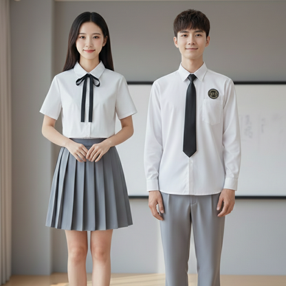 Classic JK White Shirt Set: Women’s Modest Long Academy Skirt & Men’s Gray Trousers - High School Class Uniform C009 party X party
