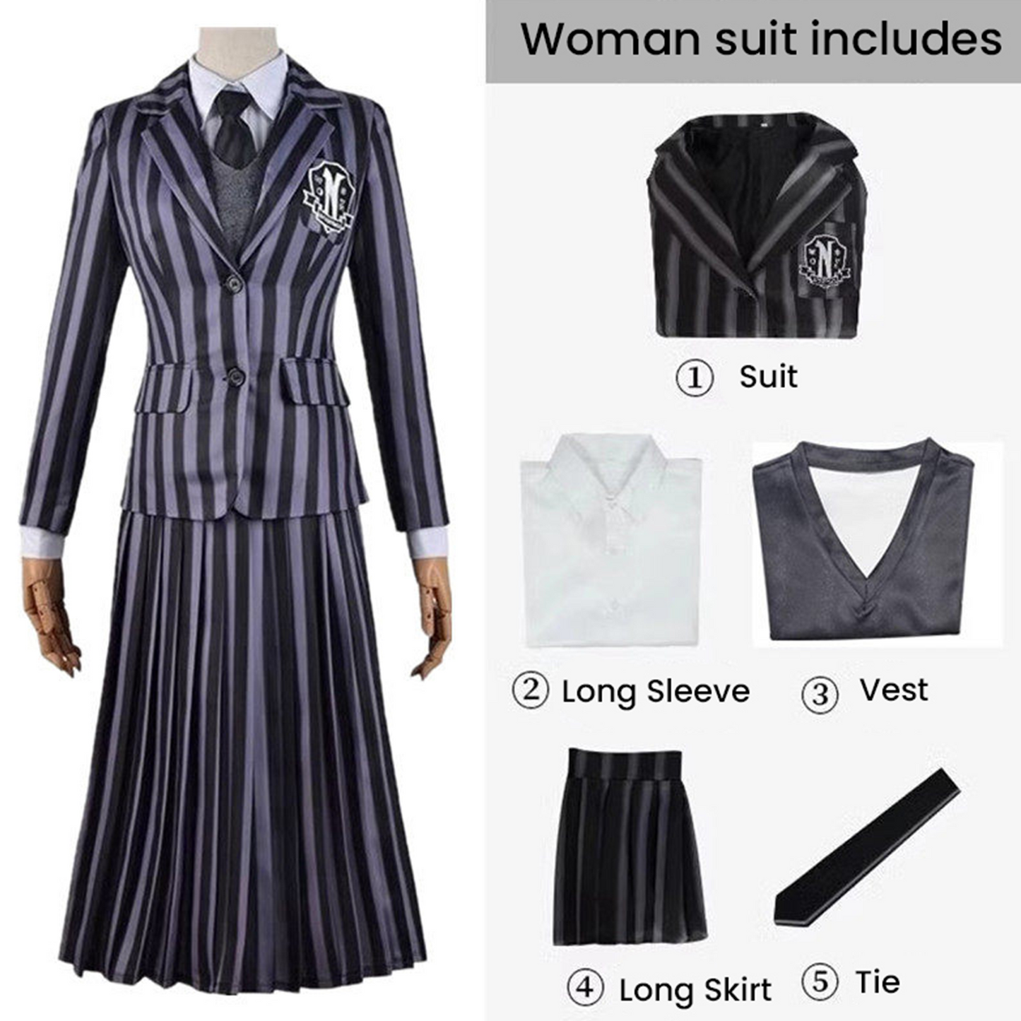 Wednesday Cosplay Costume: Addams Family School Uniform | Nevermore Academy Striped Suit Set for Women - C013 party X party