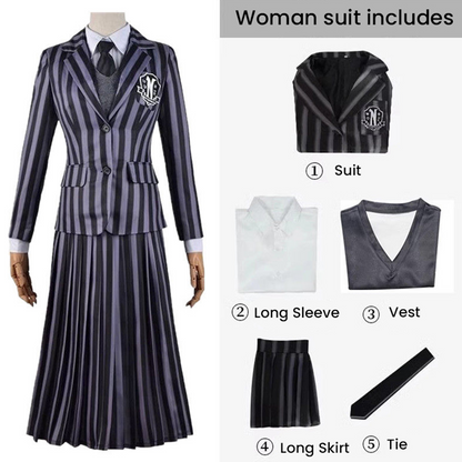 Wednesday Cosplay Costume: Addams Family School Uniform | Nevermore Academy Striped Suit Set for Women - C013 party X party