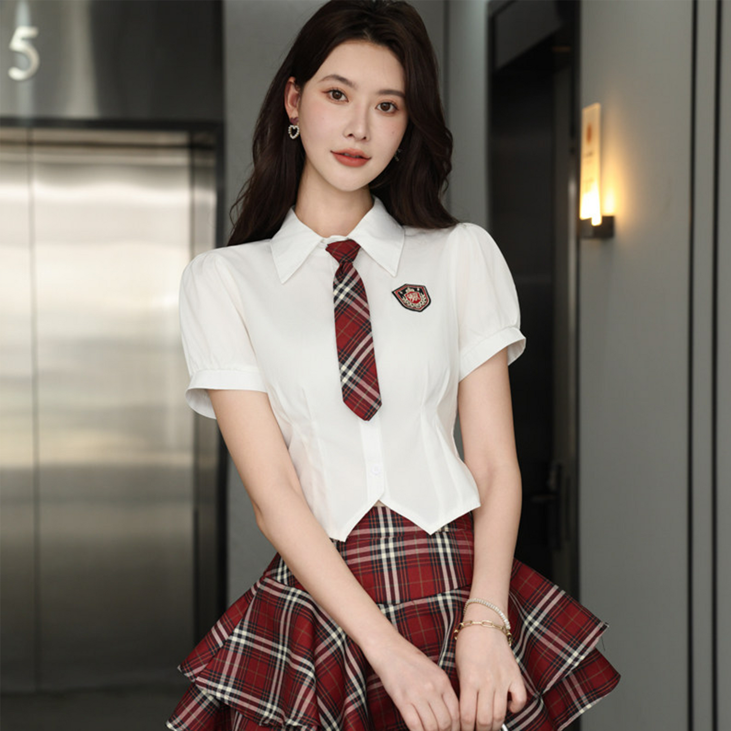 "Spicy Girl" Fitted JK Uniform Set | Plaid Academy Style Embroidered Shirt & Skirt - Pure Desire Aesthetic Outfit C018 party X party